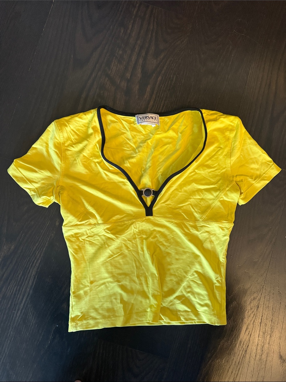 Versace Yellow Short Sleeve V-Neck Top with Black Trim and Ring Detail